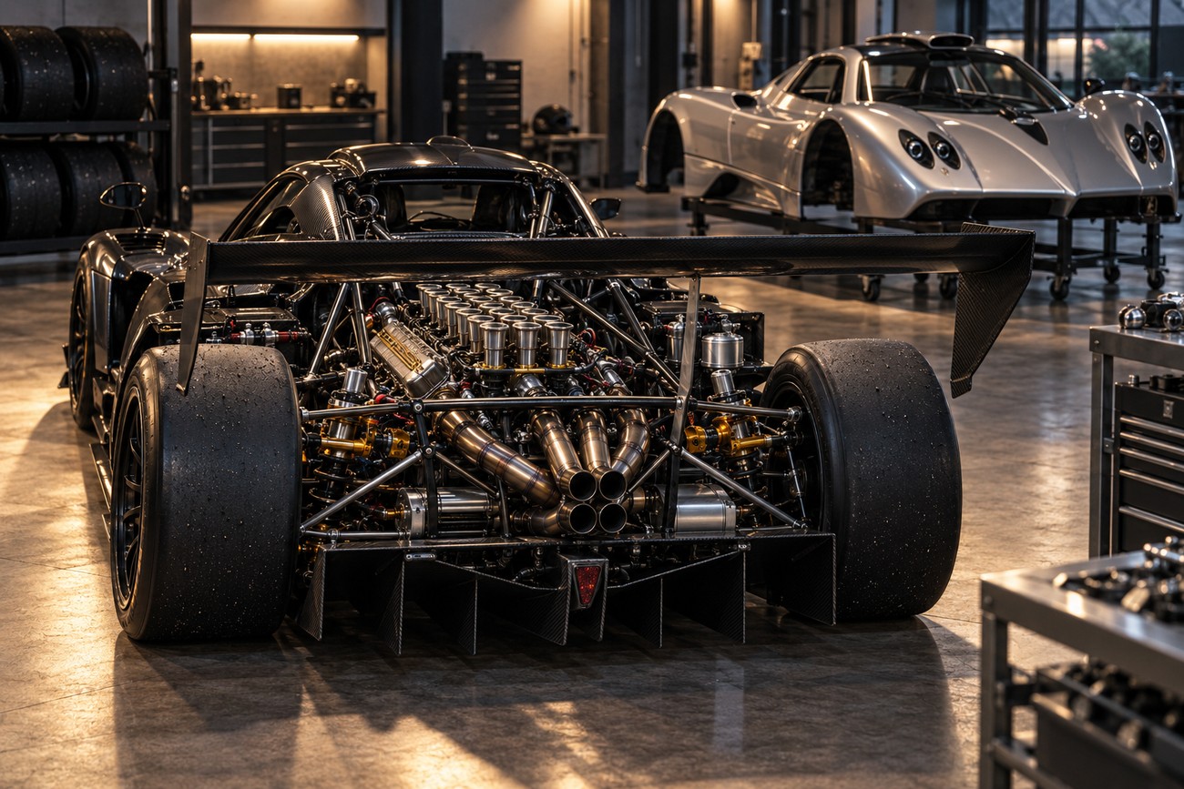 Rear view of a Pagani Zonda R in a workshop with an exposed V12 engine and massive rear wing