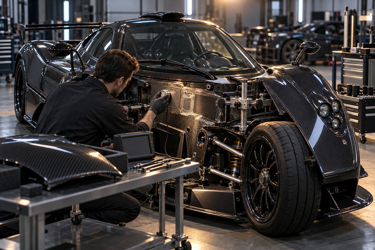 An engineer in black overalls meticulously inspects and fits carbon fiber body panels on a Pagani Zonda supercar inside a modern workshop
