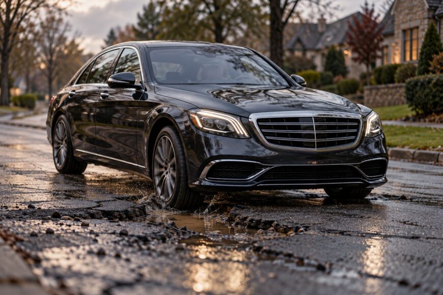 A black Mercedes S-Class luxury sedan driving through a water-filled pothole on a wet suburban road