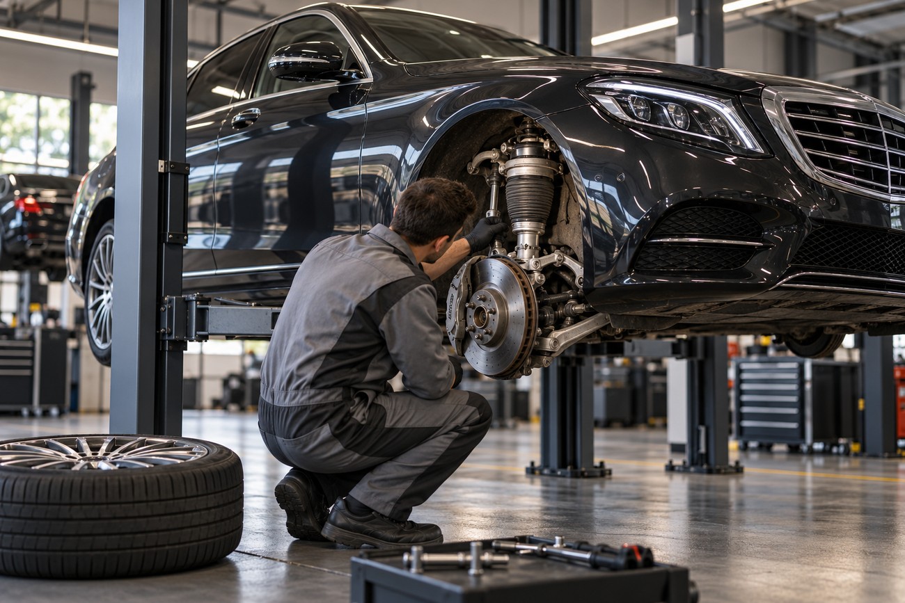 A mechanic in grey overalls inspecting the suspension and brake assembly of a dark Mercedes S-Class lifted on a car lift in a modern auto repair shop