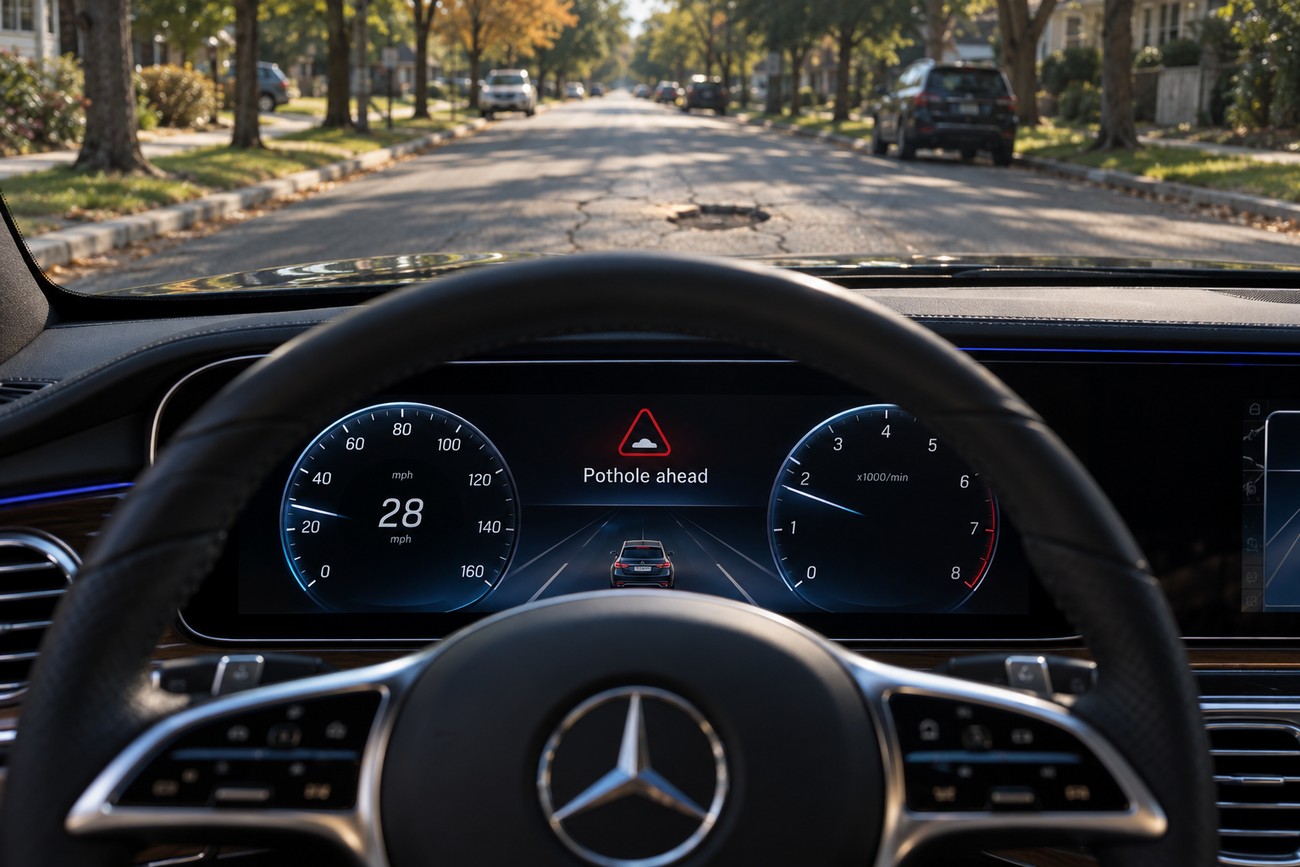 Driver view from inside a Mercedes S-Class showing the digital dashboard with a pothole ahead warning message facing a suburban street