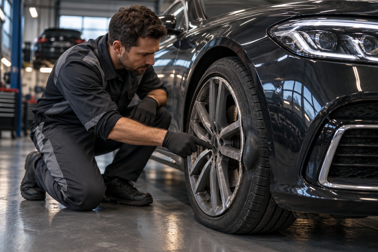 A mechanic in black uniform kneeling and inspecting a damaged tire with a bulge on a black Mercedes S-Class in a service garage