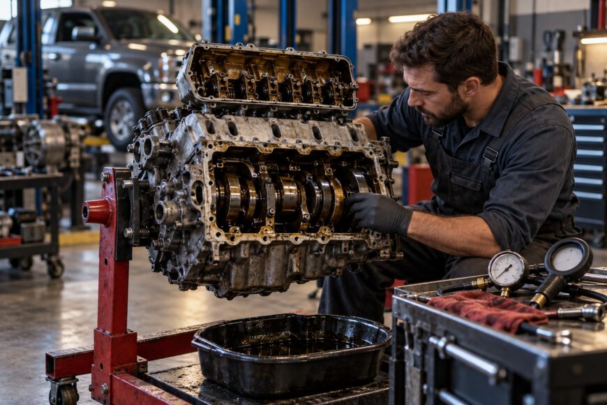 Mechanic in dark overalls inspecting a disassembled car engine mounted on a red stand in an auto repair shop