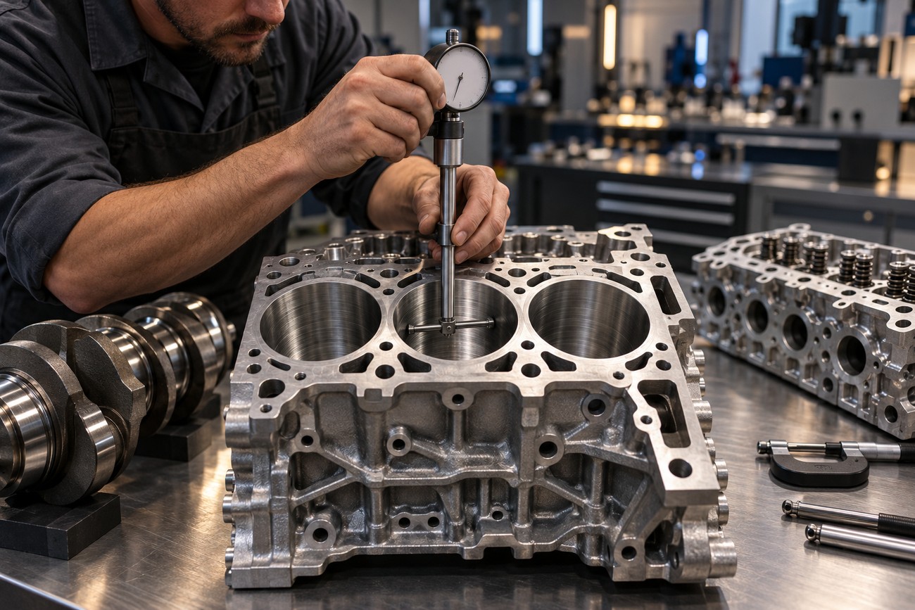 A mechanic measuring the cylinder bore of an engine block with a dial gauge in a workshop