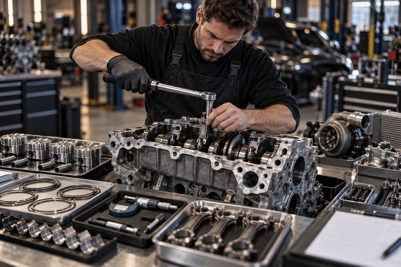 Mechanic in black uniform using a torque wrench to assemble an engine block at a workshop