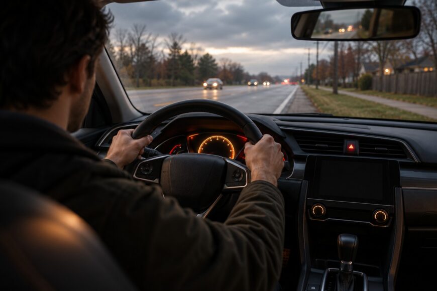 A driver gripping the steering wheel of a Honda Civic while navigating a wet suburban road at dusk