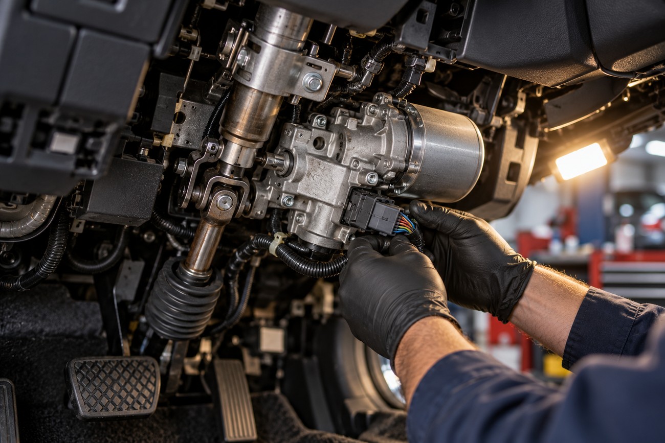 Mechanic wearing black gloves working on the electric power steering system under the dashboard of a Honda Civic