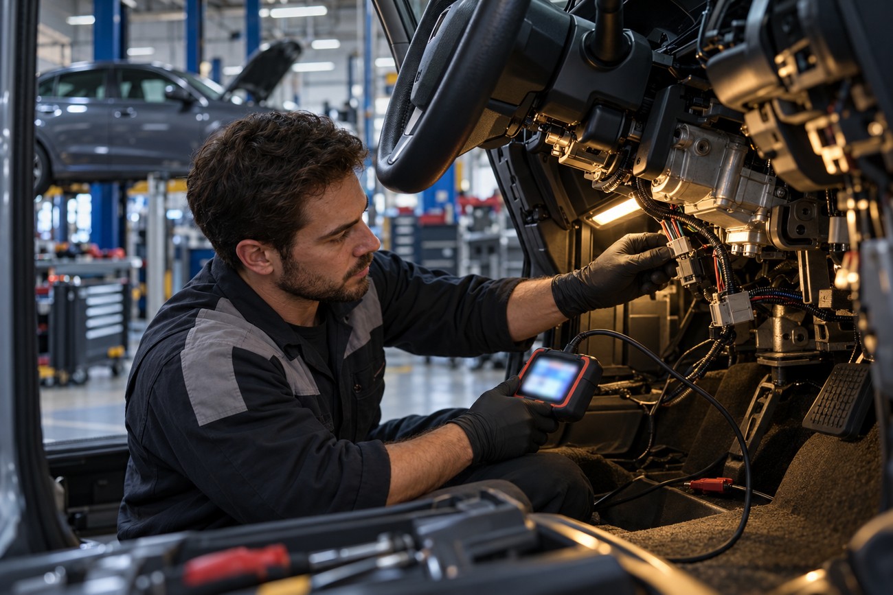 A mechanic wearing gloves examines the steering column wiring of a Honda Civic using a diagnostic tool inside a service garage