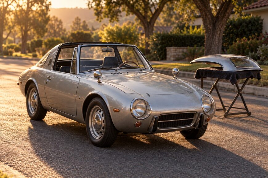 Silver Toyota Sports 800 parked on a residential street with its detachable roof panel resting on a stand in the background