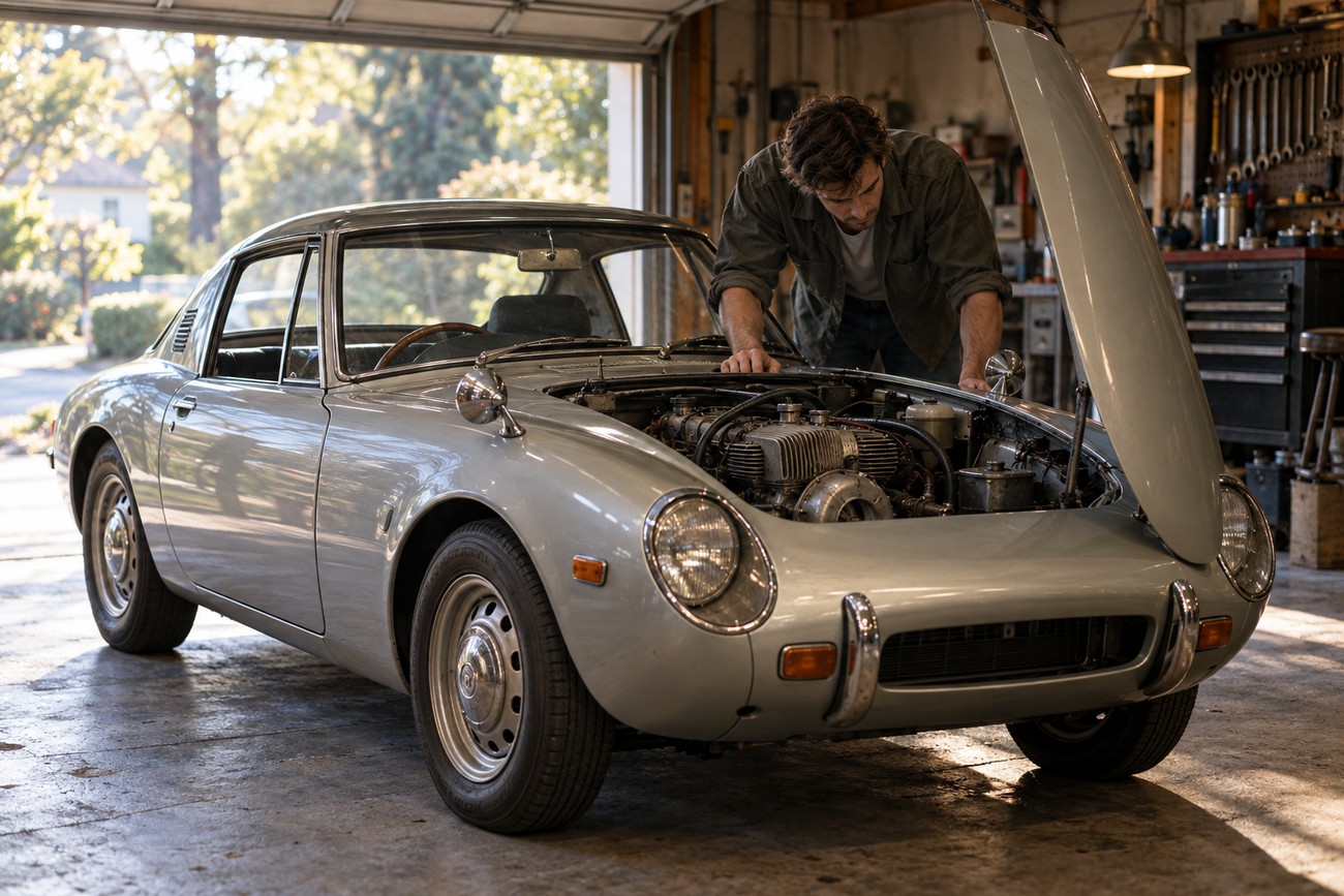 A mechanic leaning over the open hood of a classic silver Toyota Sports 800 parked inside a workshop