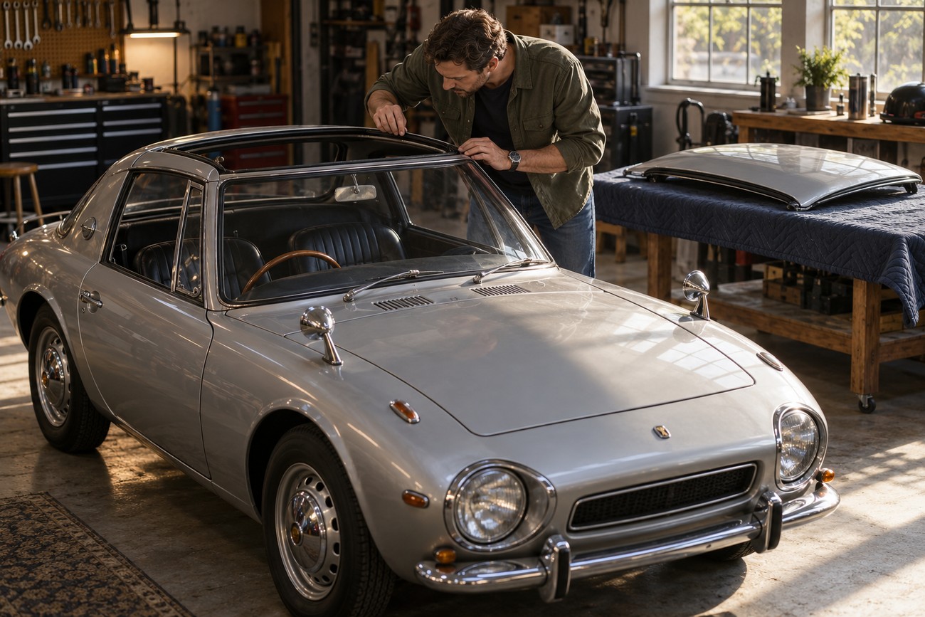 A mechanic inspecting the removable roof frame of a classic silver Toyota Sports 800 inside a garage