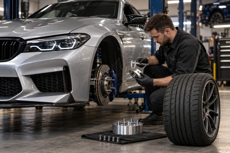 Mechanic measuring an aluminum wheel spacer with a caliper next to a disassembled car wheel in a workshop