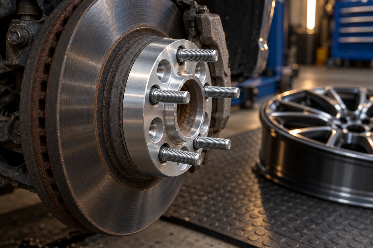 A machined metal wheel spacer installed on a vehicle brake rotor hub with extended studs in a garage