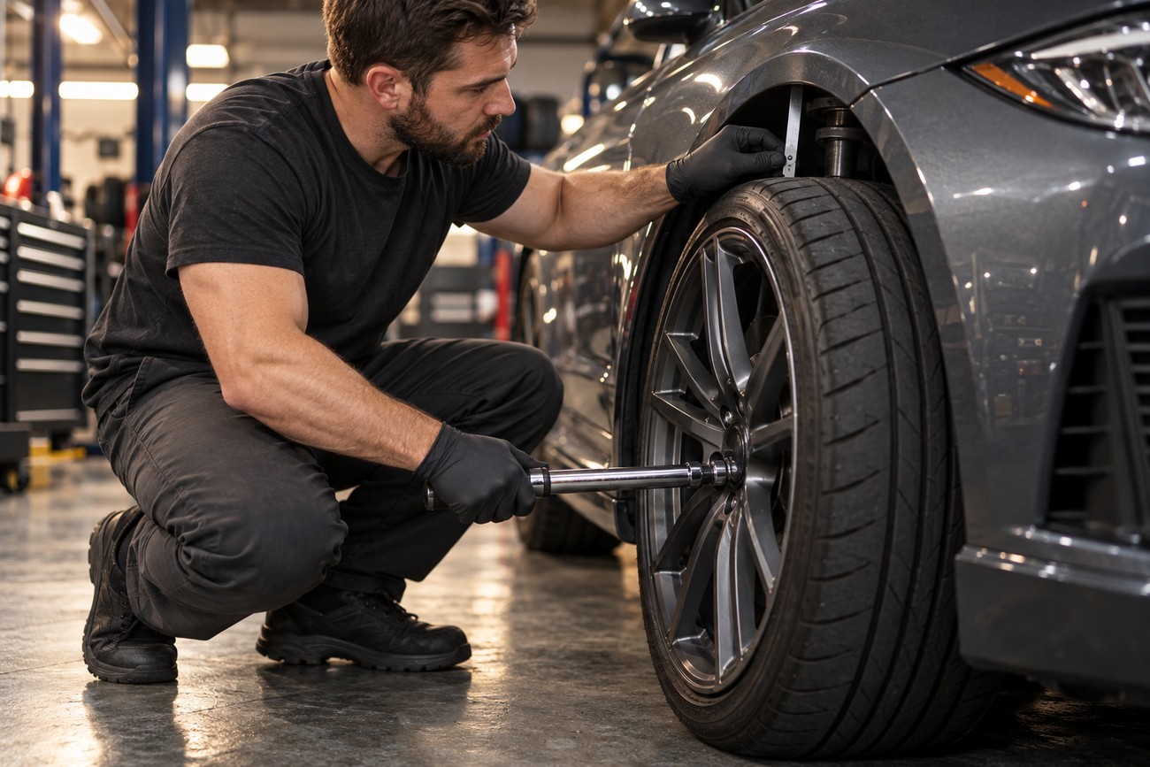 A mechanic wearing gloves tightening lug nuts on a car wheel in an auto repair shop