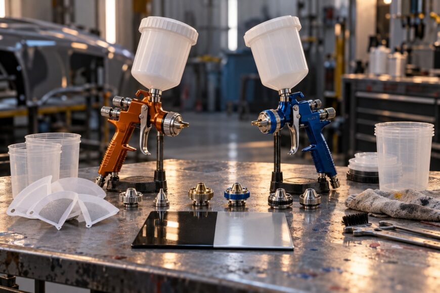 An orange and a blue DeVilbiss spray gun standing on stands on a metal workbench with paint cups and fluid tips