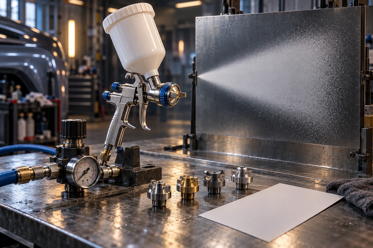 A professional DeVilbiss spray gun with a white gravity cup is mounted on a metal workbench while testing its spray pattern on a metal panel in a workshop