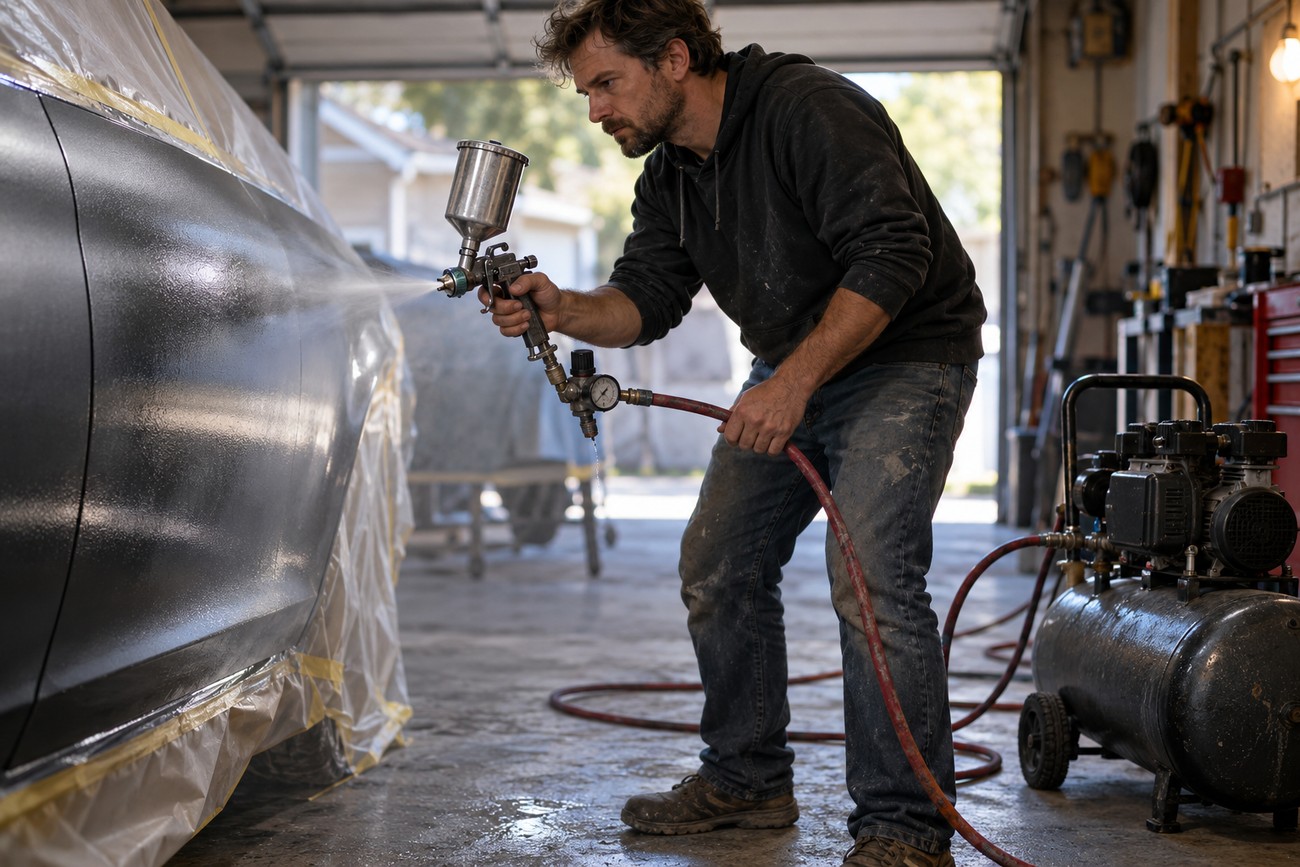 A mechanic in a garage painting a car panel with a gravity feed spray gun connected to an air compressor