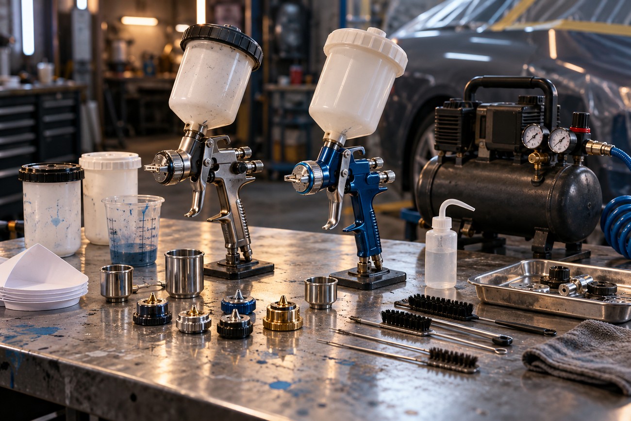 Two gravity feed spray guns with fluid cups and various nozzles arranged on a metal workbench in an auto repair shop