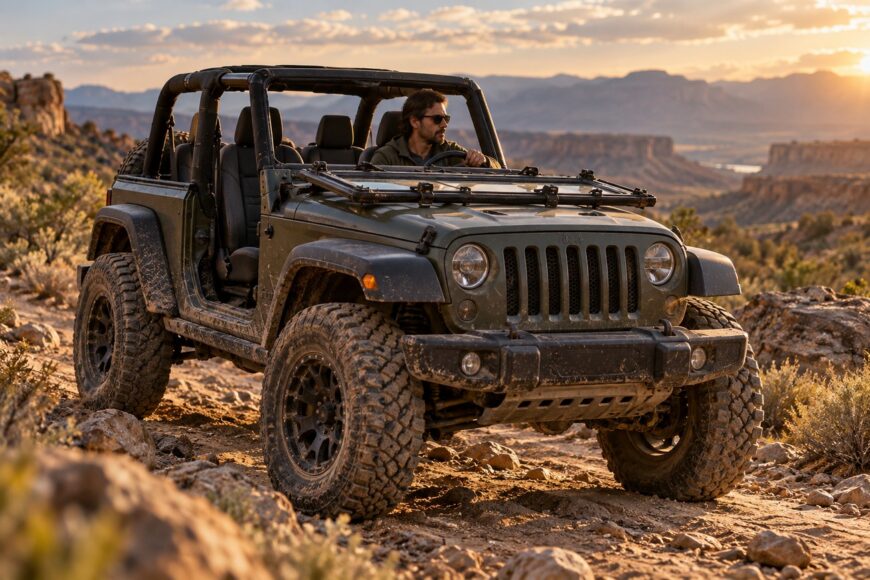 A man wearing sunglasses driving an olive green Jeep Wrangler with its windshield folded down on a rocky desert trail at sunset
