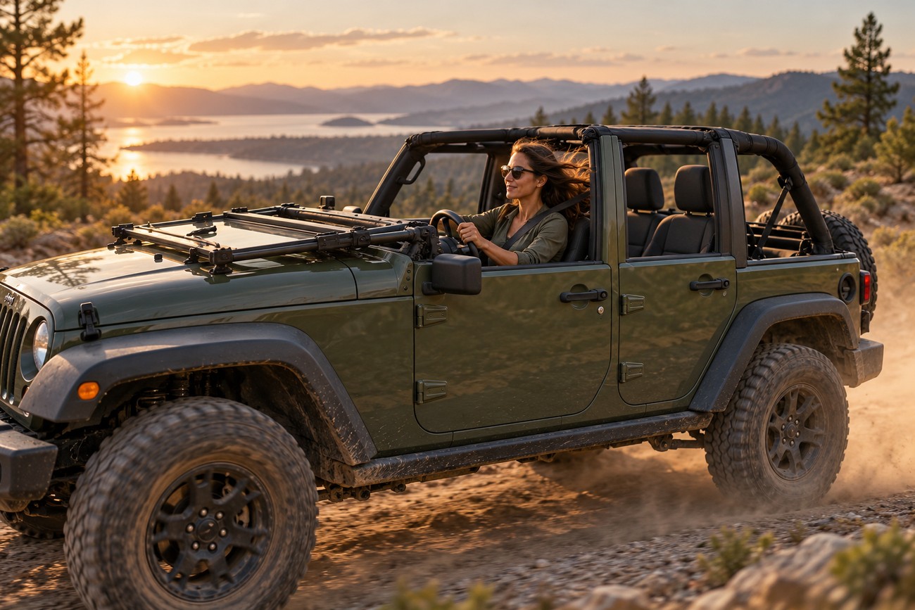 A woman driving a green Jeep Wrangler with the windshield folded down on a dirt road during sunset