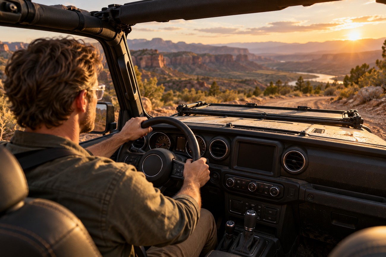 A man driving a Jeep Wrangler offroad with the windshield folded down during sunset