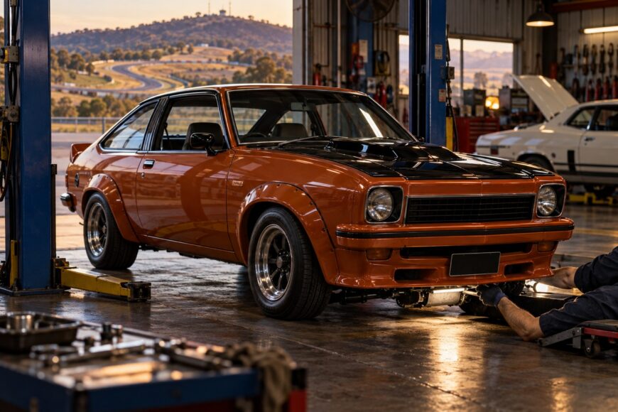 A classic orange and black Holden Torana A9X race car parked in a garage workshop while a mechanic works underneath it