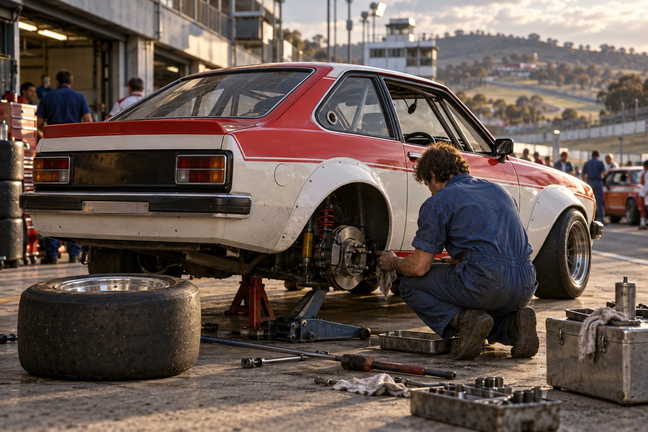 Mechanic in blue overalls servicing the rear suspension of a classic red and white Holden Torana A9X race car in a pit lane