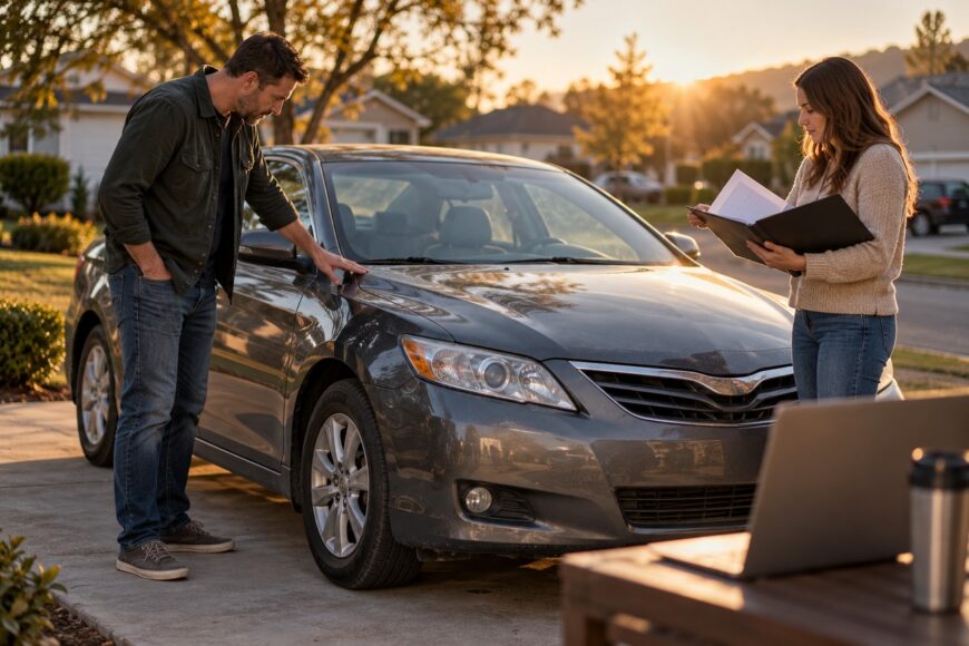 A man inspecting a grey car while a woman holds a folder with documents outdoors