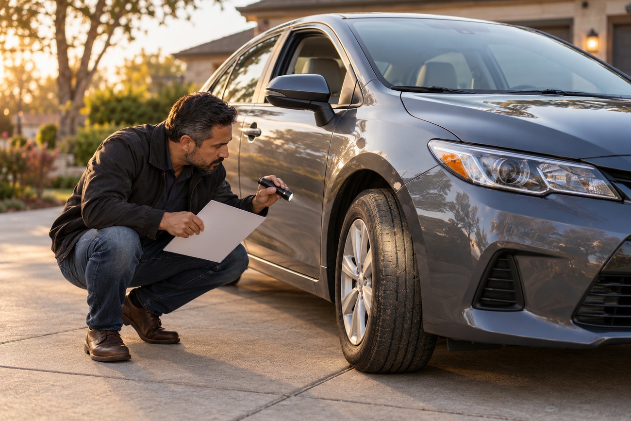 Man crouching down with a flashlight and checklist to inspect a gray car parked in a driveway