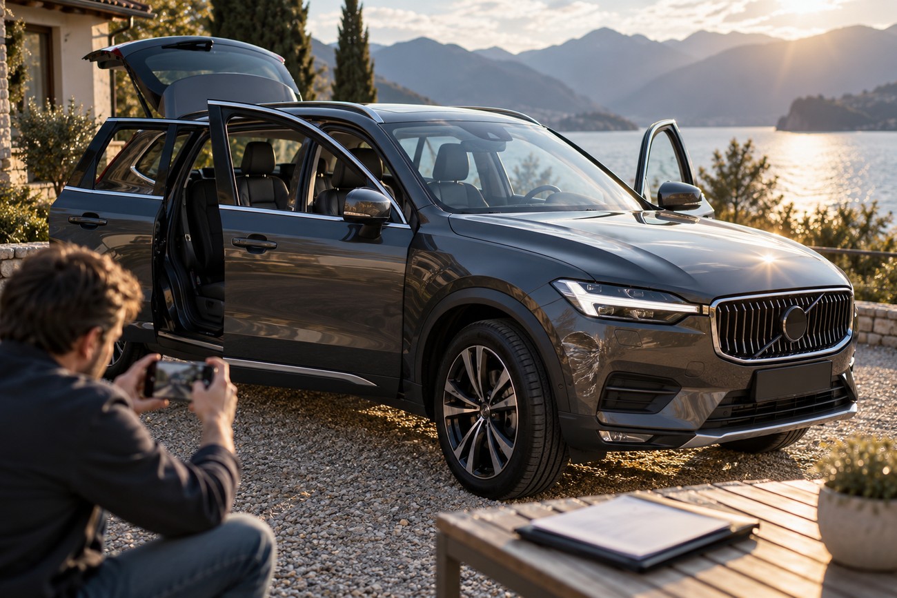 A man crouching and taking pictures of his gray SUV with open doors outdoors