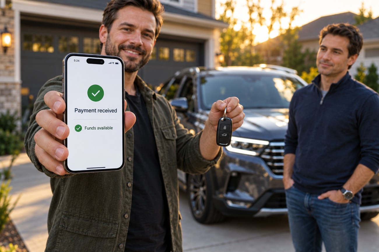 Smiling man holding a smartphone with payment received notification and car keys in front of a car