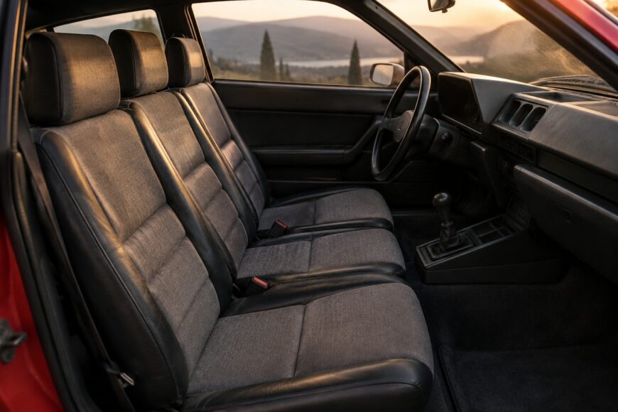 Interior view of a classic Matra Murena showing the unique three seats across layout with fabric and leather upholstery