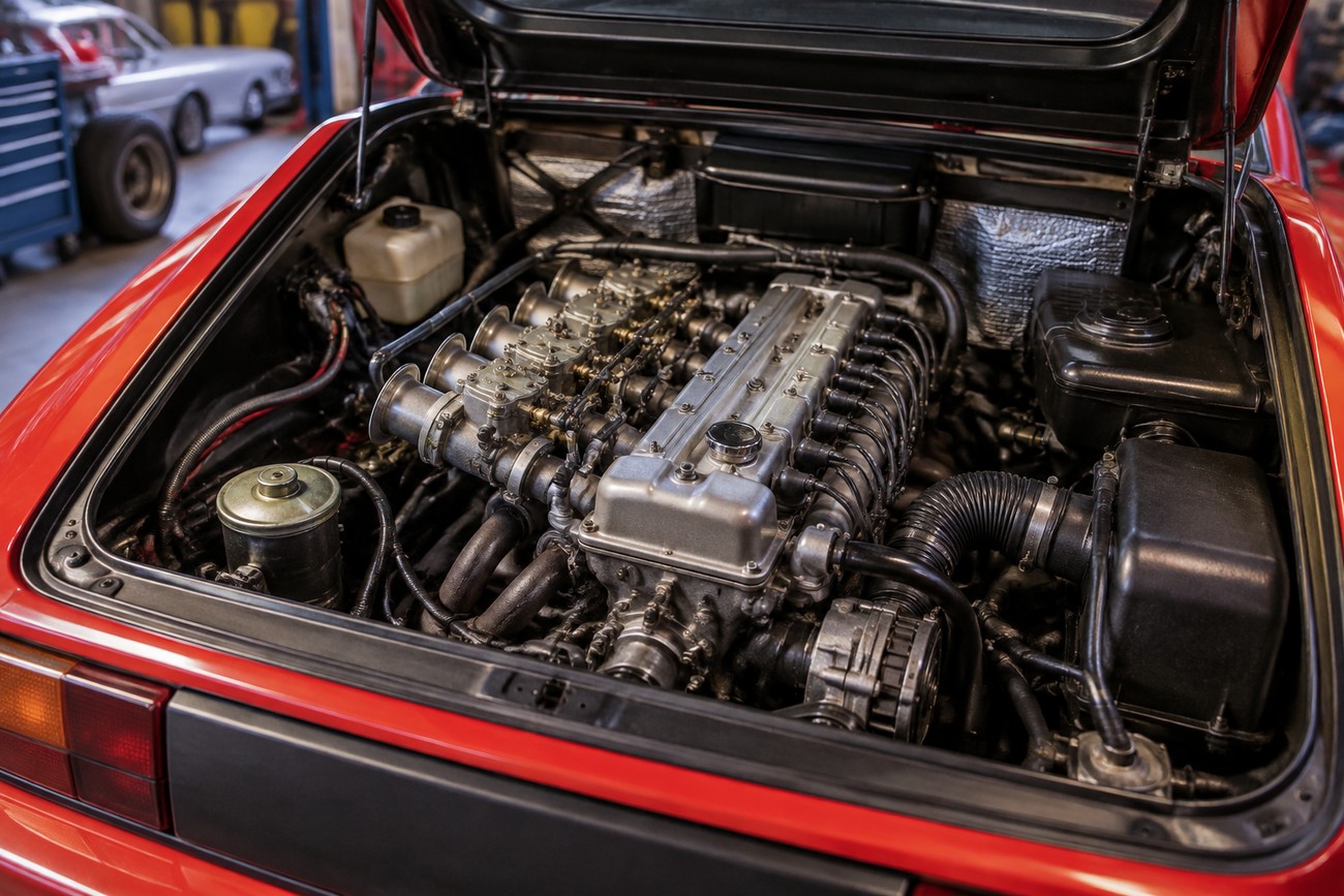 Open engine bay of a classic red Matra Murena showing the detailed mechanical components and engine layout