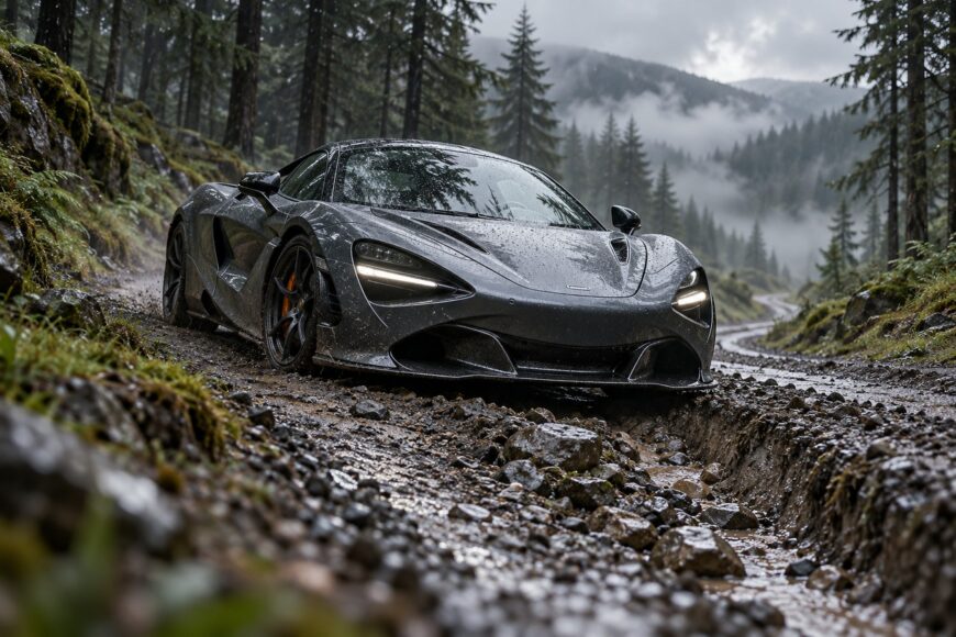 A grey McLaren 720S supercar navigating a muddy and wet dirt track through a misty pine forest