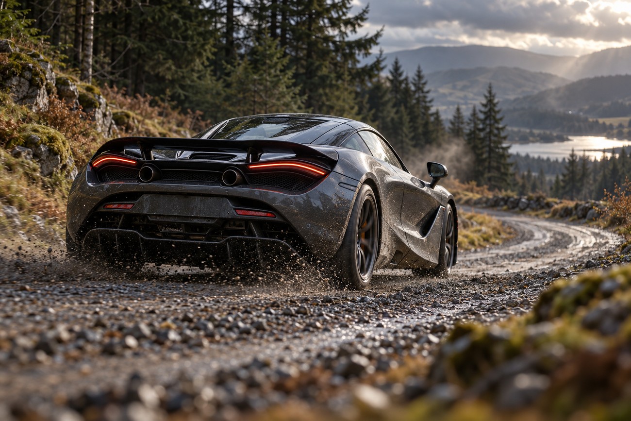 Rear view of a muddy McLaren 720S supercar accelerating on a gravel and dirt rally stage through a Welsh forest