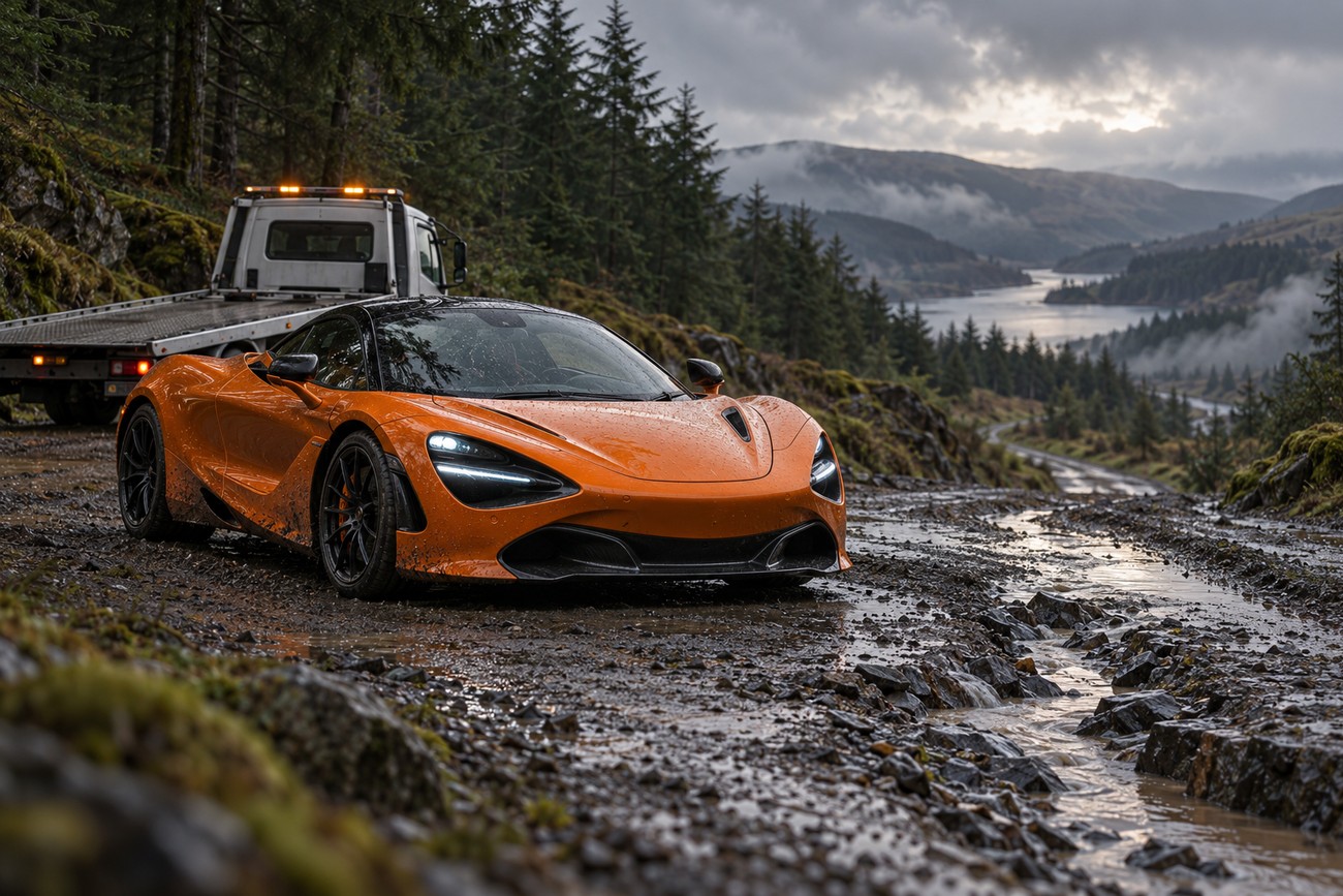 An orange McLaren 720S supercar stopped on a wet muddy forest rally track in Wales with a tow truck behind it