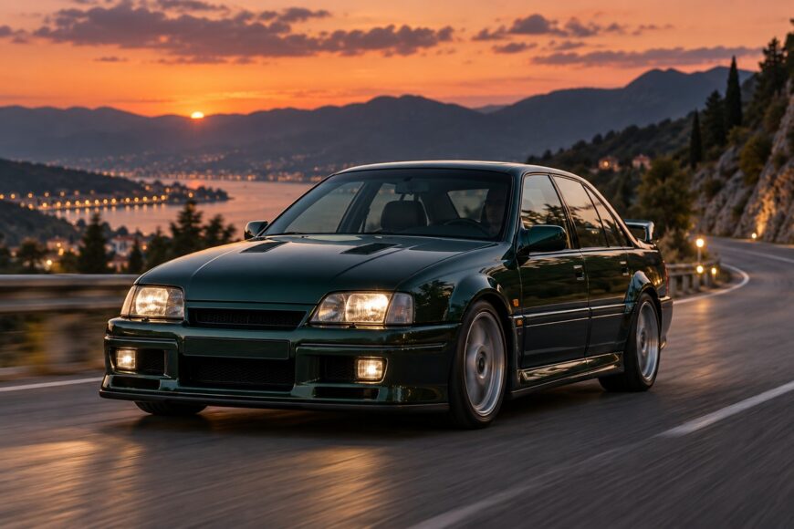 Dark green Opel Lotus Omega driving on a winding coastal road during a scenic sunset