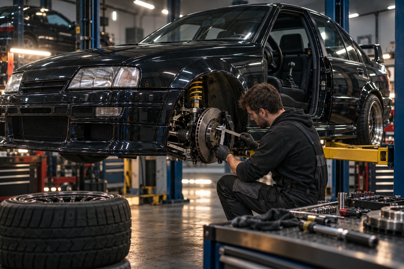 A mechanic wearing overalls measures the brake rotor on a black Opel Lotus Omega raised on a hydraulic lift in a workshop