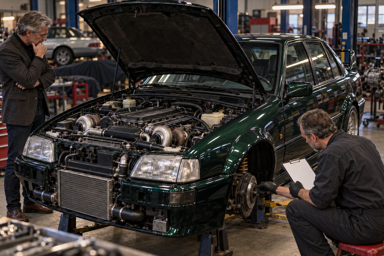 A mechanic in black overalls inspects the front suspension of a green Opel Lotus Omega with its hood open in a garage