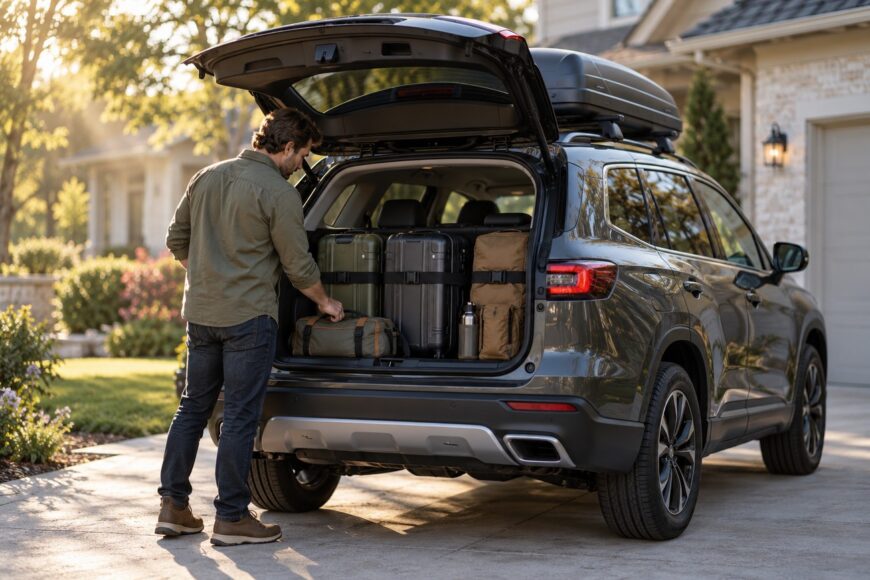 A man packing suitcases and travel bags into the open trunk of an SUV