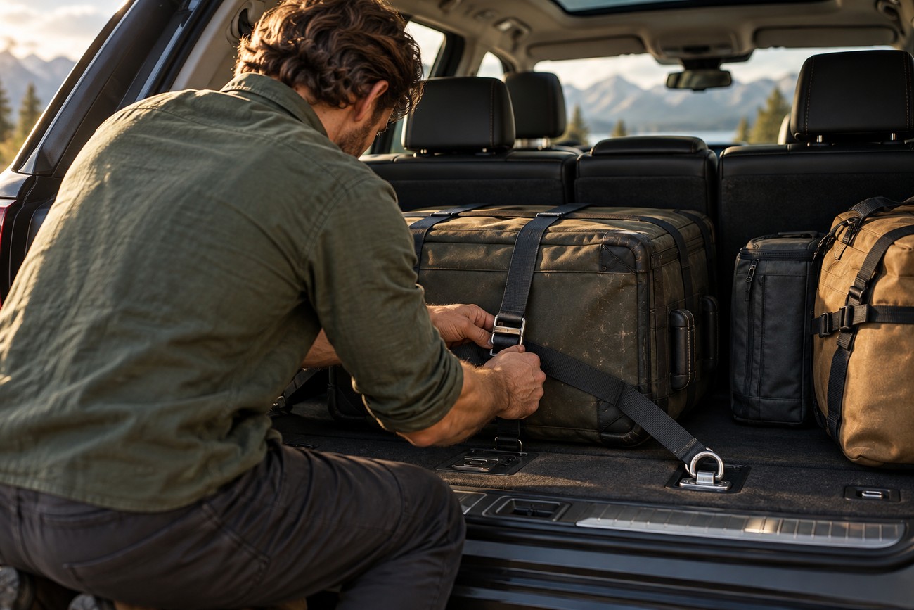A man kneeling in the trunk of an SUV securing luggage with straps for a road trip