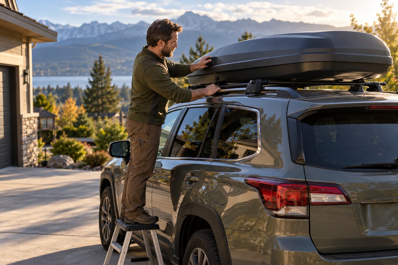 Man standing on a small ladder and opening a black roof cargo box on his SUV parked in a driveway