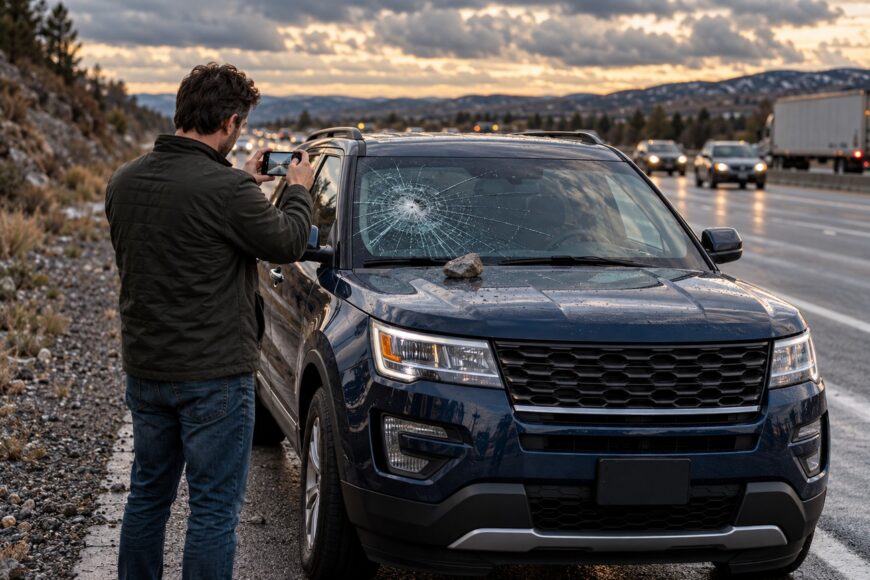 A man taking a picture of a shattered windshield and a rock on the hood of his Ford Explorer parked on the highway shoulder