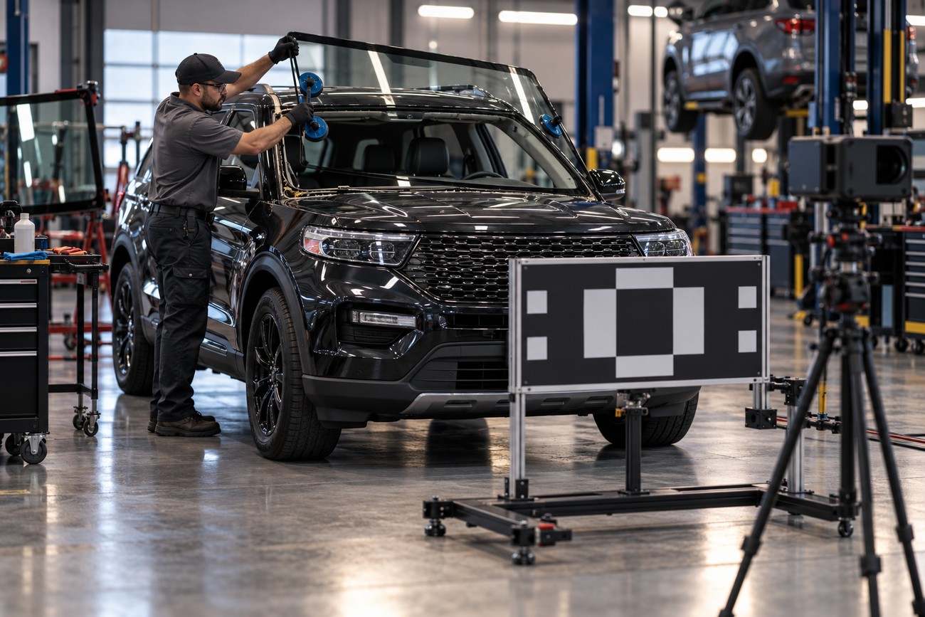 An auto glass technician using suction cups to install a new windshield on a black Ford Explorer in an auto repair shop with calibration targets in front of the vehicle