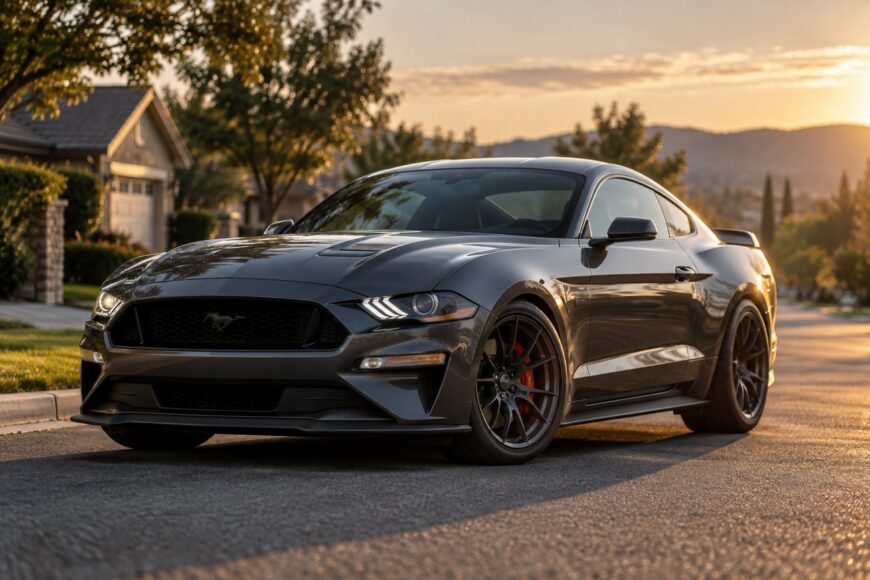 A dark grey Ford Mustang parked safely on a quiet residential street during sunset