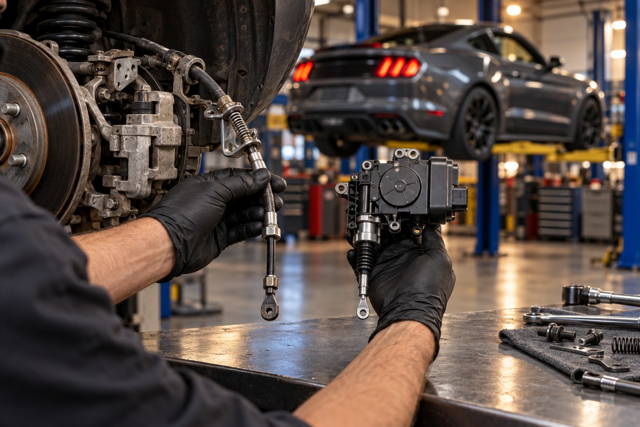 Mechanic wearing black gloves holds a Ford Mustang parking brake actuator and cable in a service garage