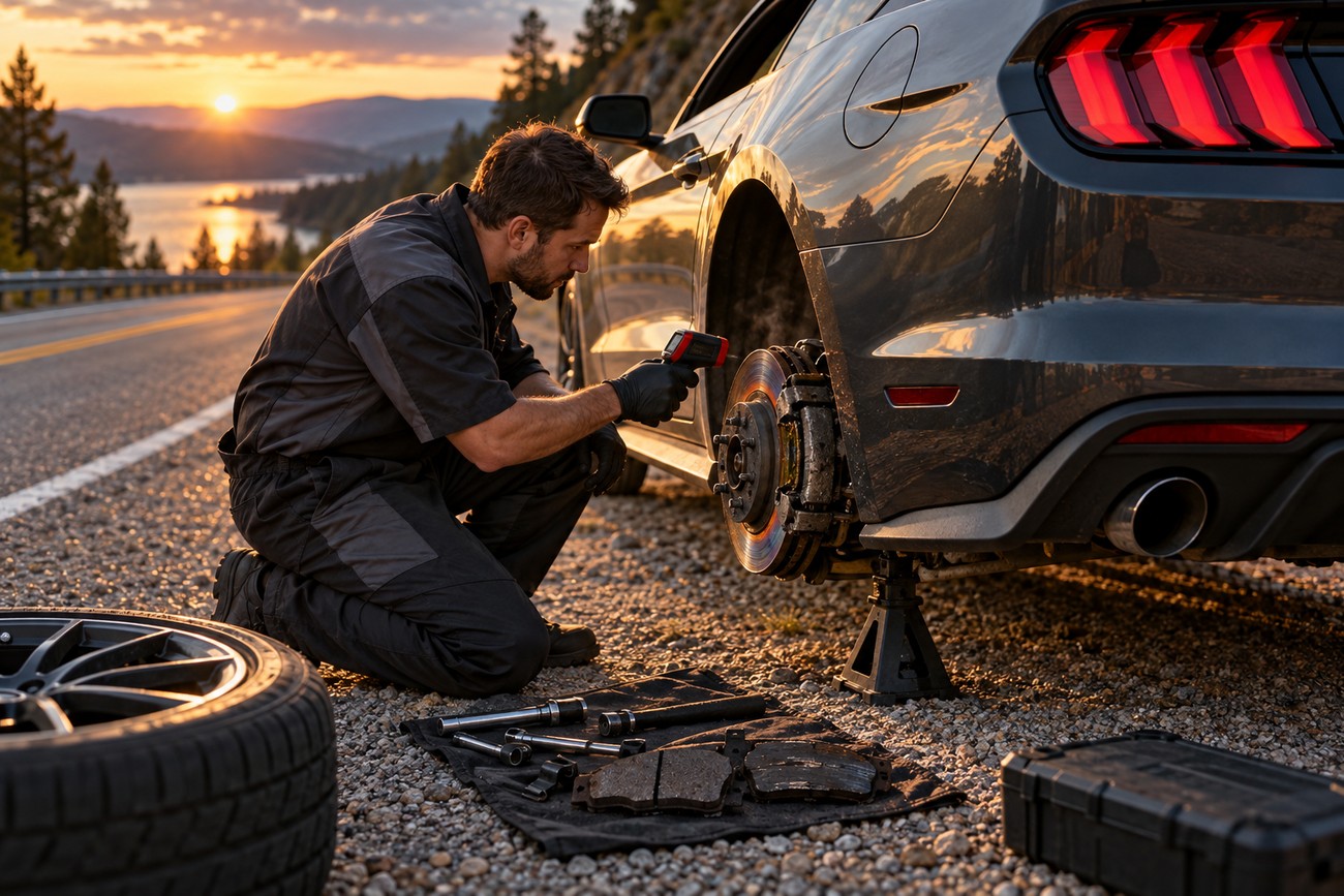 Mechanic checks the temperature of a Ford Mustang rear brake rotor with a digital thermometer by the roadside