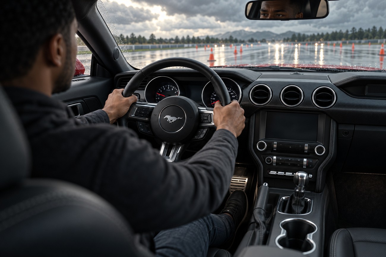 A driver holding the steering wheel inside a Ford Mustang cockpit on a wet testing track