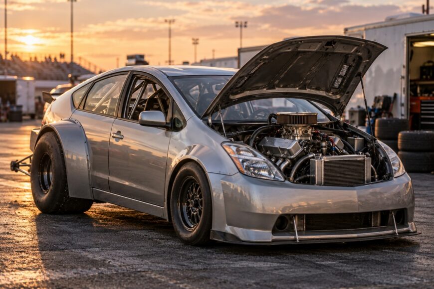 A modified silver Toyota Prius with its hood open revealing a massive V8 engine parked at a racetrack during sunset