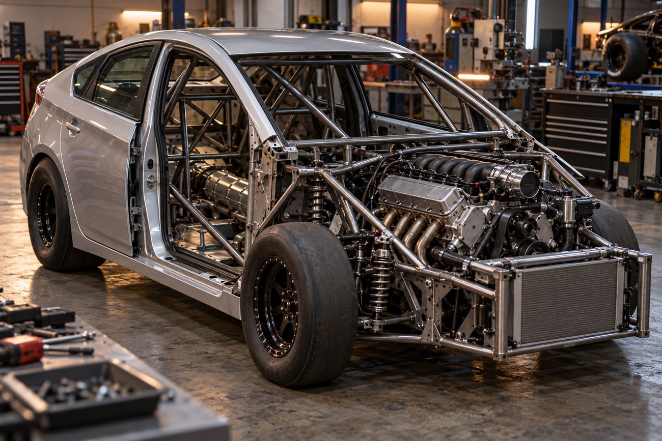 Silver Toyota Prius body shell mounted on a custom tubular frame chassis with a visible V8 engine inside a workshop
